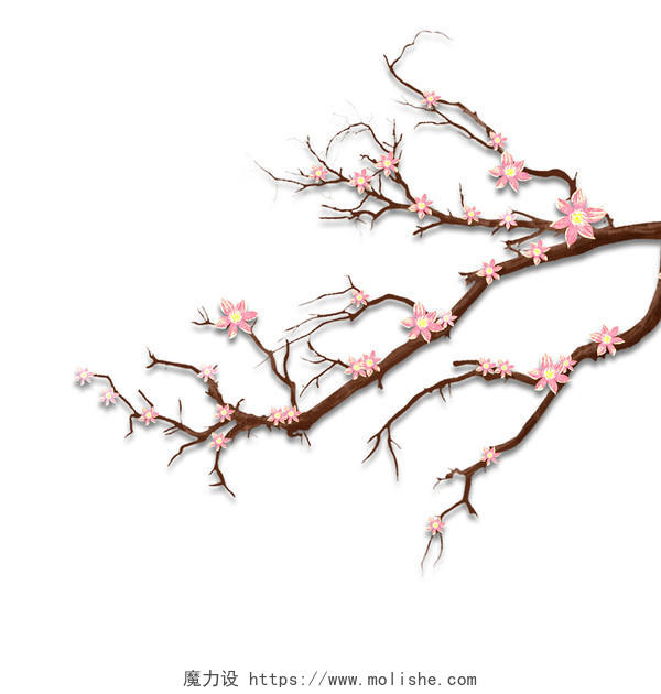 粉色手绘卡通春天春分春季桃花树枝花枝元素PNG素材雨水节气元素